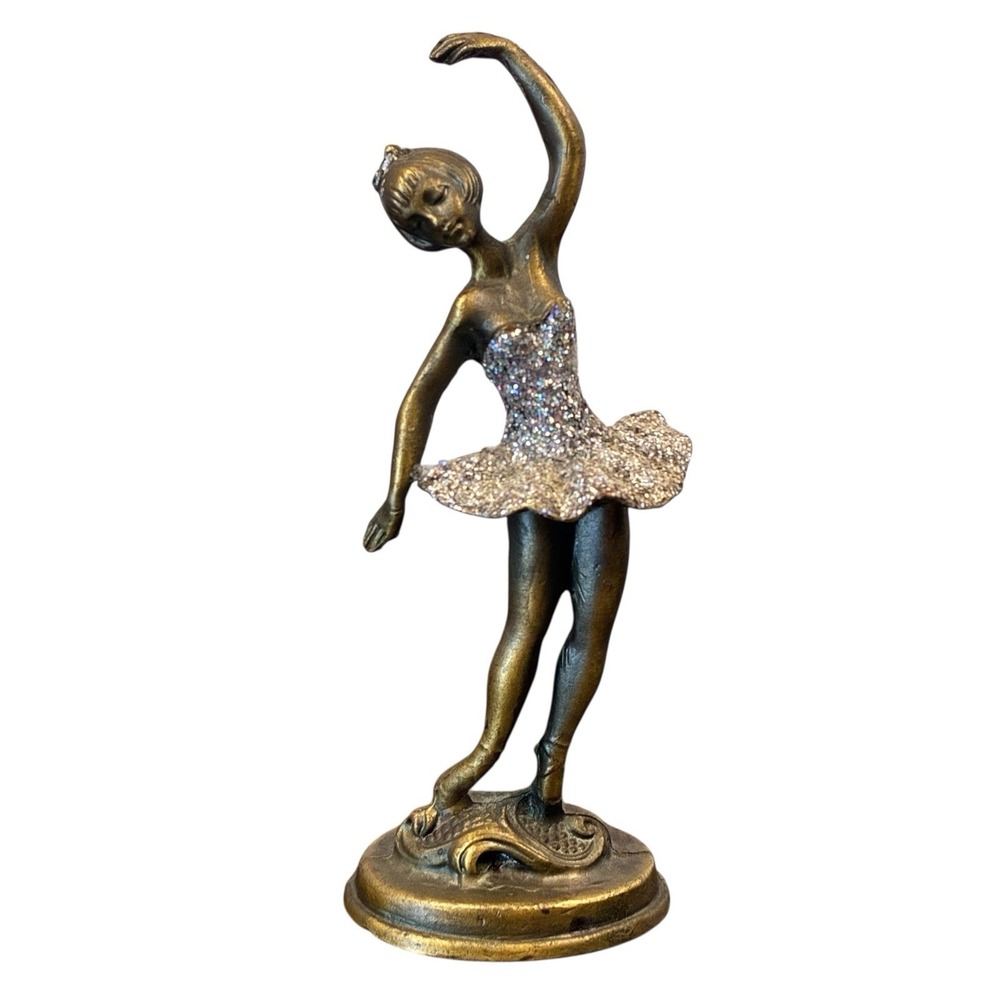 Vintage Ballerina Glitter Figurine Cast Metal Brass Tone Finish Ballet Dancer